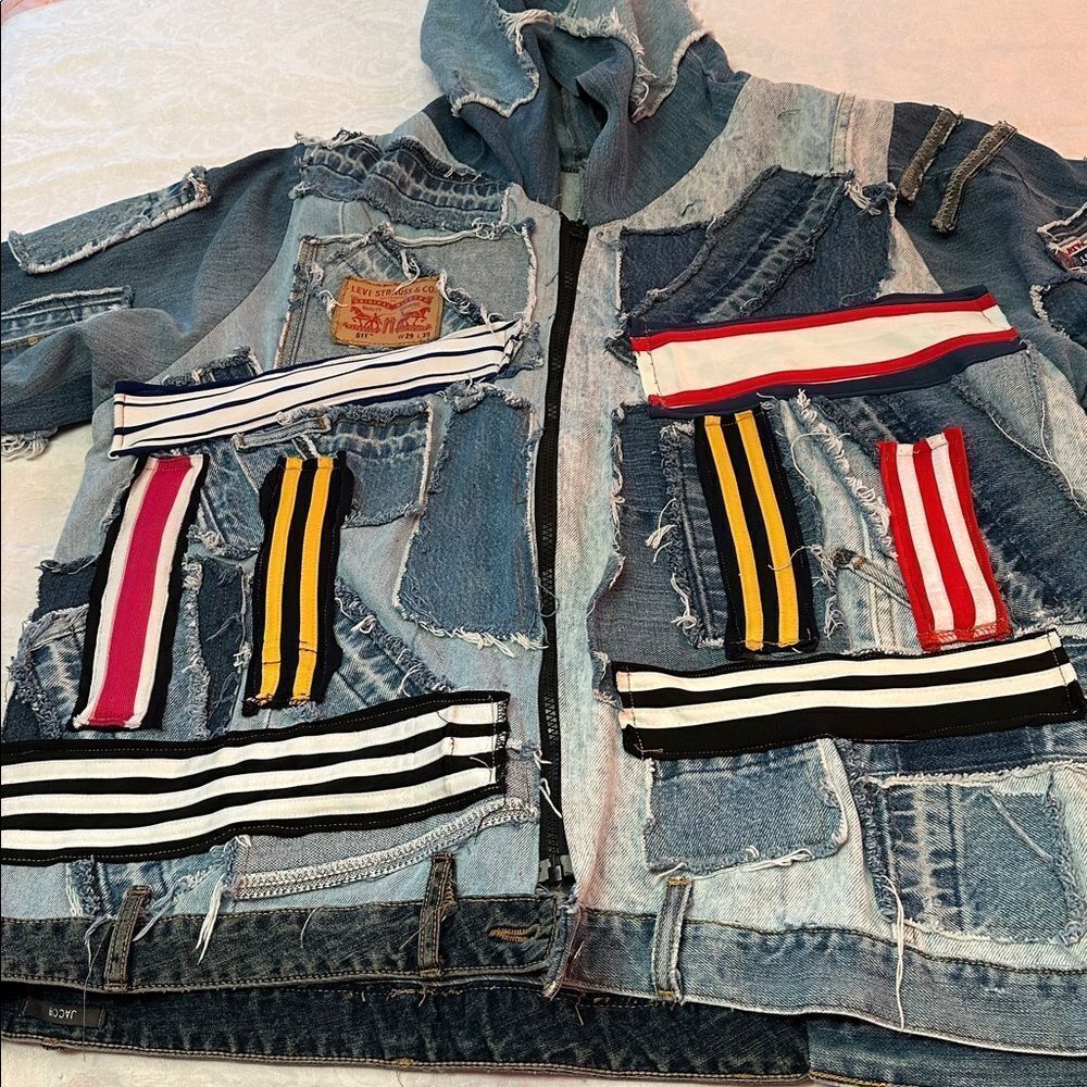 Denim Jacket Patchwork Distressed Upcycled Jean Jacket Size XL